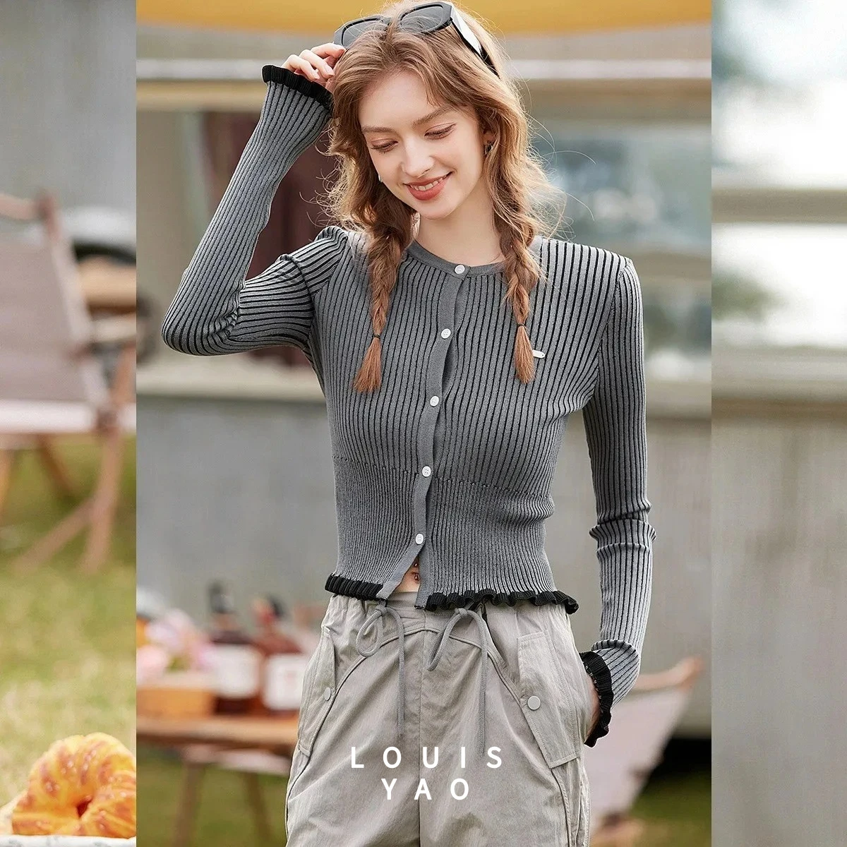 

LOUISYAO Woven Contrast Color Cardigan 2025 Spring Round Neck Knitted Tops Stylish Slightly Stretchy Slim Women's Knitwear