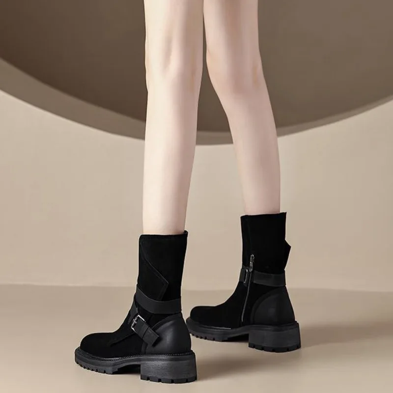 2024 Fashion Buckle Strap Boots Women Autumn Winter New Western Cowboy Ankle Booties Fashion Black Thick Bottom Desert Boots