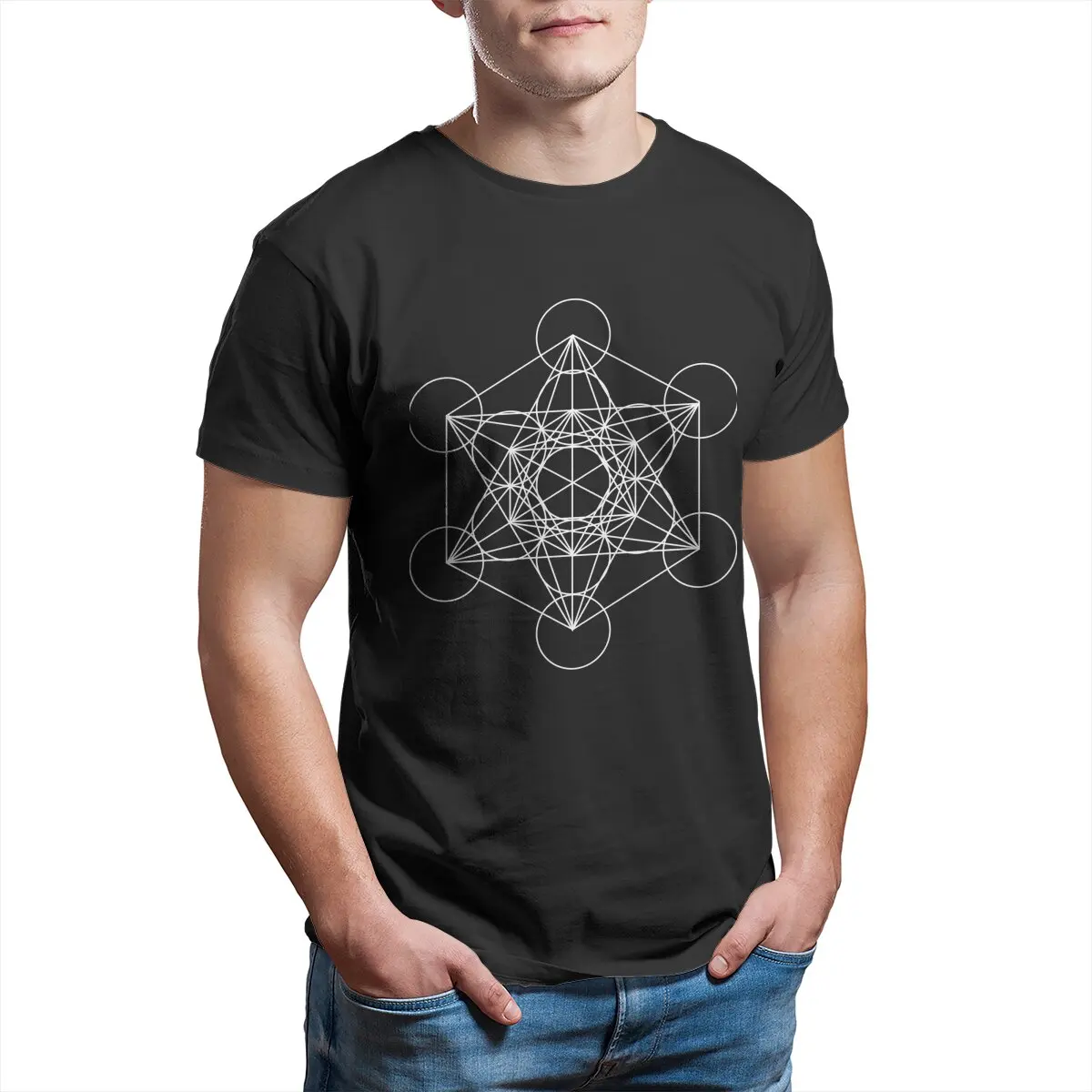 Metatron's Cube Sacred Geometry White Ink Unisex T-Shirt for Men Cotton printed T-Shirts Tees  Tops New Arrival