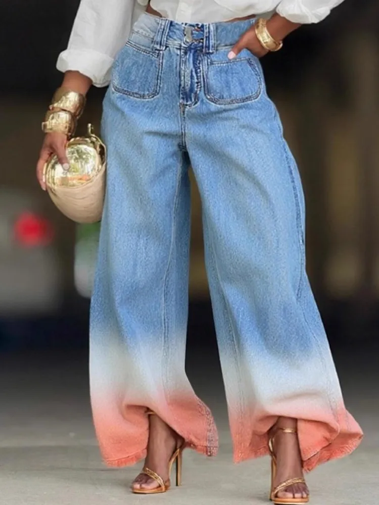 

Women High Waist Wide Leg Pants Shiny Straight Pants Long Jeans Casual Trendy Trousers 2025 Autumn Winter New Denim Trousers