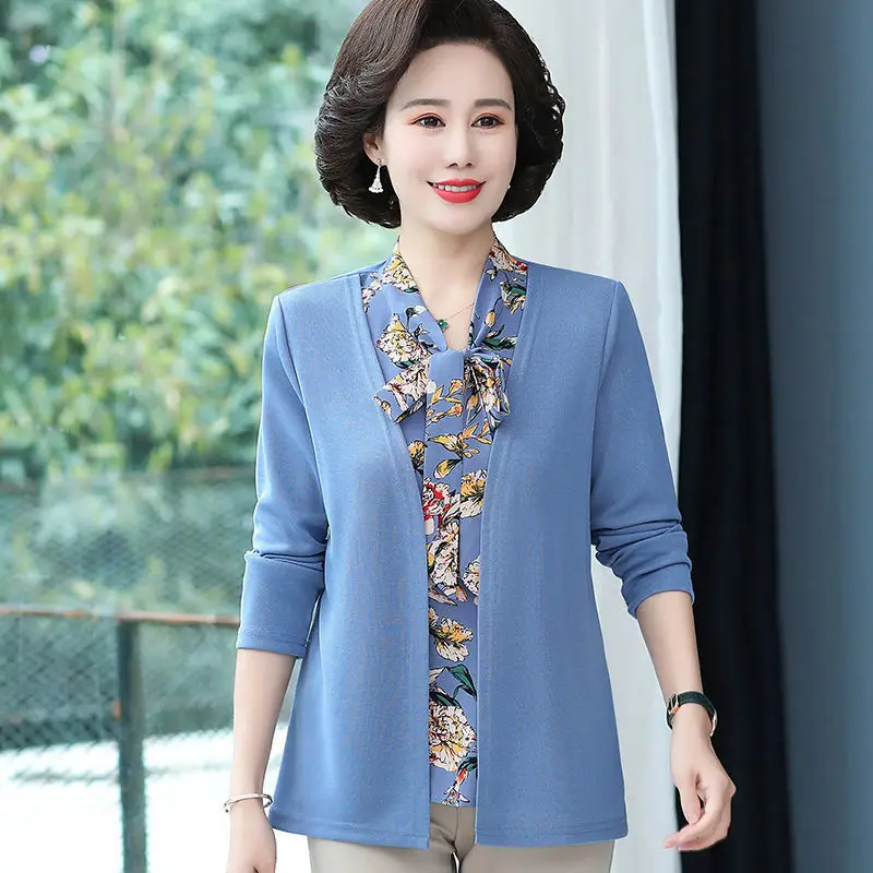 Damska koszulka z krótkim rękawem T-shirt szeroka dama modna dzianinowa fałszywa dwuczęściowa koszulka z długimi rękawami