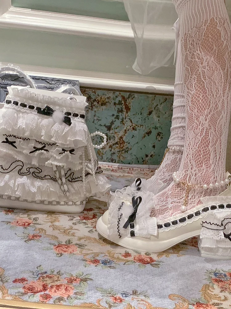 Japanese Original Lace Trim Pearl Bow Handbag French Sweet Elegant Lady Fashion Versatile Backpack