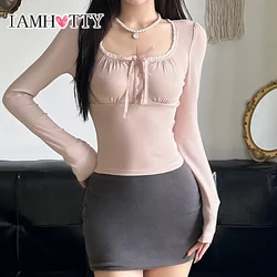 IAMHOTTY Sweet Lace-up Square Collar Top autunno primavera Basic t-shirt a maniche lunghe Coquette estetica Bow Lace Square Collar Tees