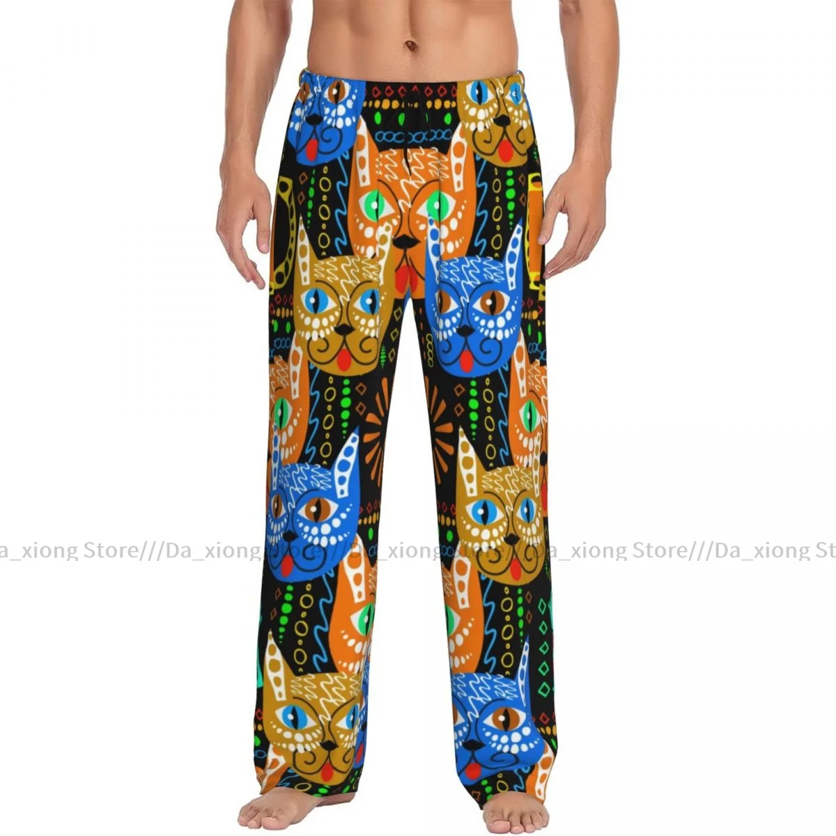 Mens Casual Pajama Long Pant Loose Elastic Waistband Colorful Tribal Ethnic Cats Cozy Sleepwear Home Lounge Pants