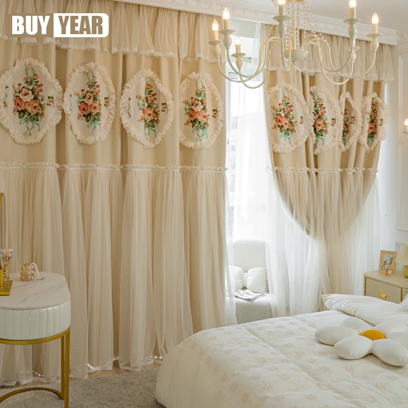 

2023 New Nordic American Korean Princess Style Blackout Curtains for Living Dining Room Bedroom Bay Window Lace Curtain Ycy