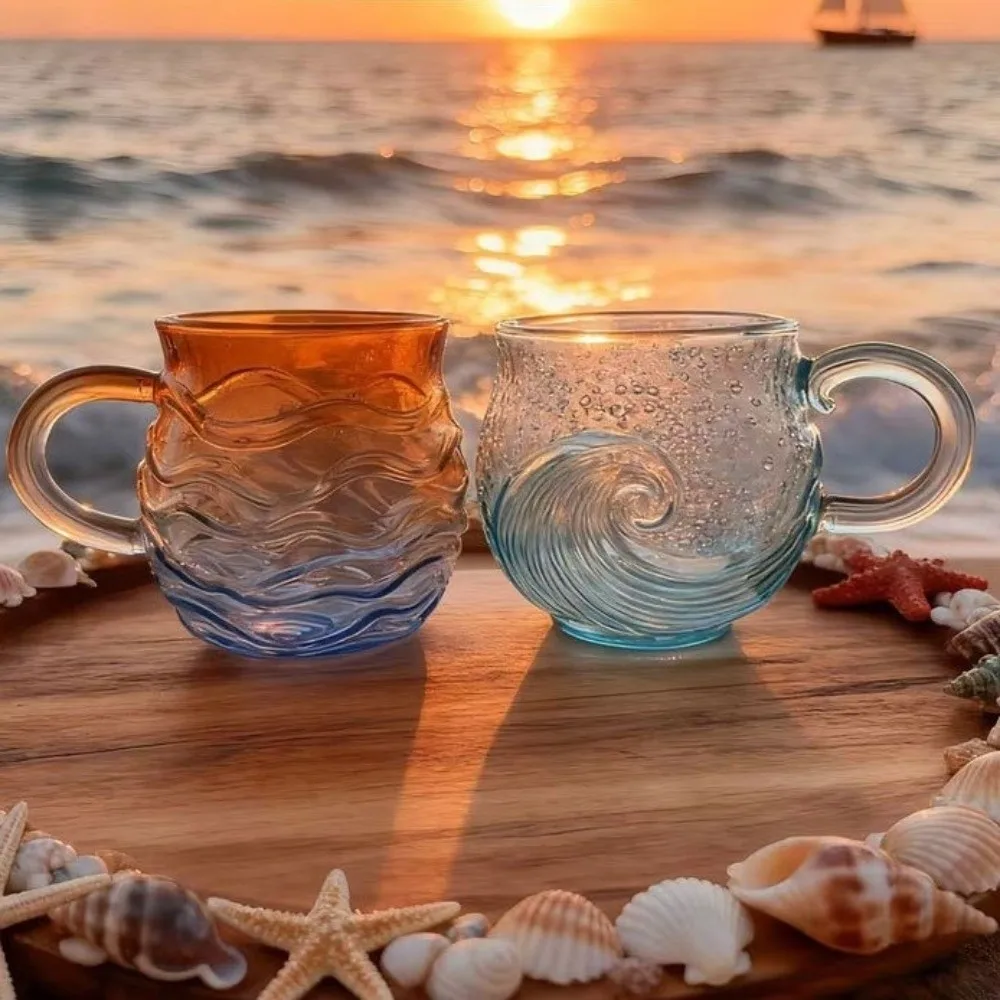 Tea Cup Hand-blown Sea Glass Mug Waved Texture Gradient Color Ocean Theme Mug Drinking Cup with Handle Sunset Mug Bar