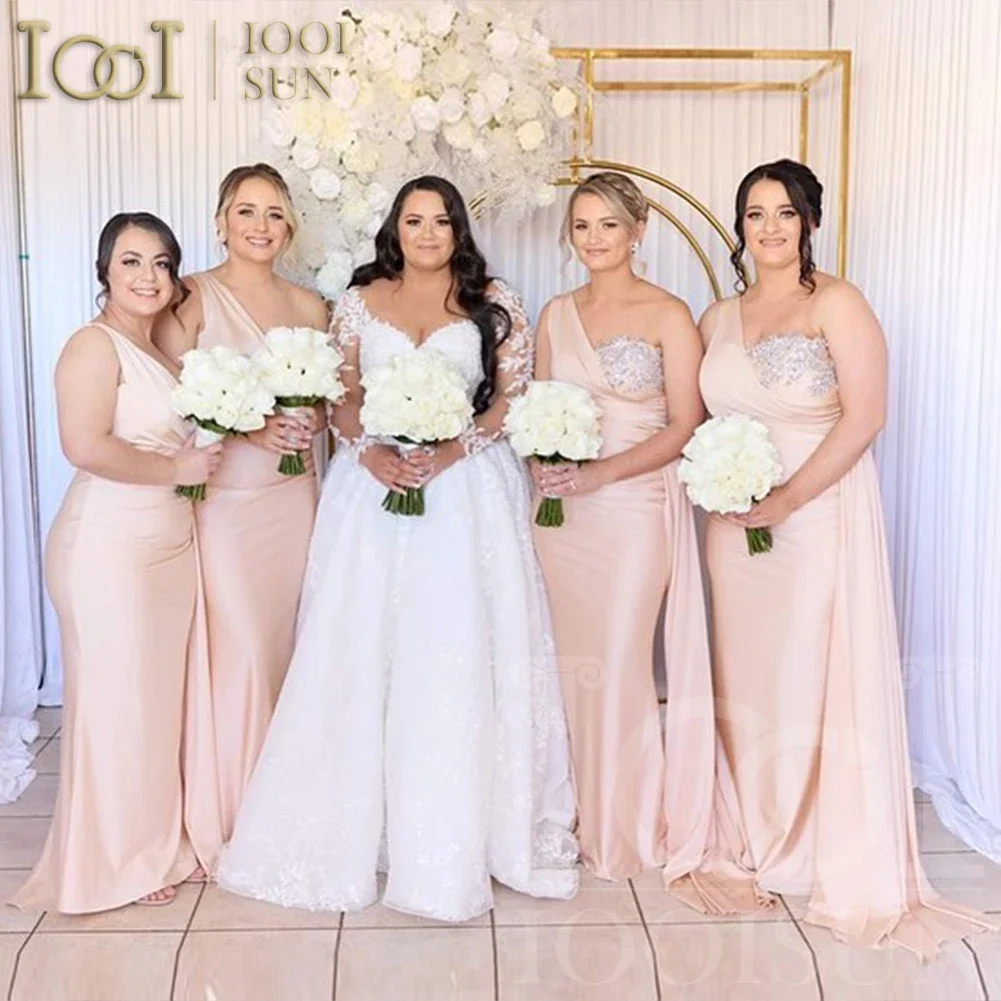 IOOISUN Elegant Champagne Bridesmaid Dress Beaded Crystal One Shoulder Wedding Party Gown Long Fomal Party Dresses Customized  image 5