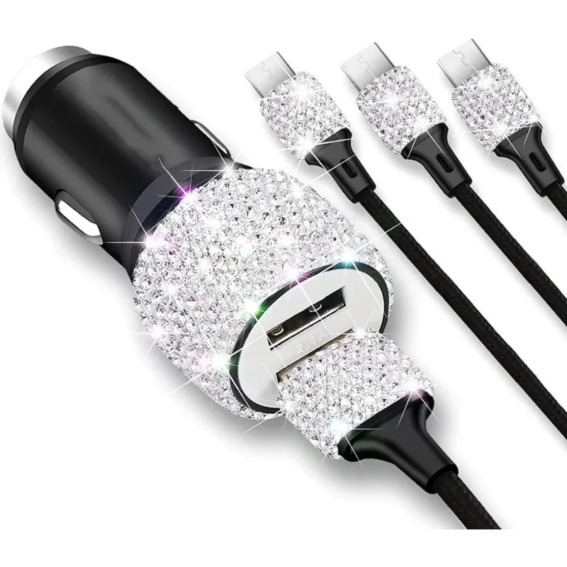 Dual USB Car Charger Bling Bling Handmade Rhinestones Crystal Car Decorations for Fast Charging Car Decors for iPhone/Samsung