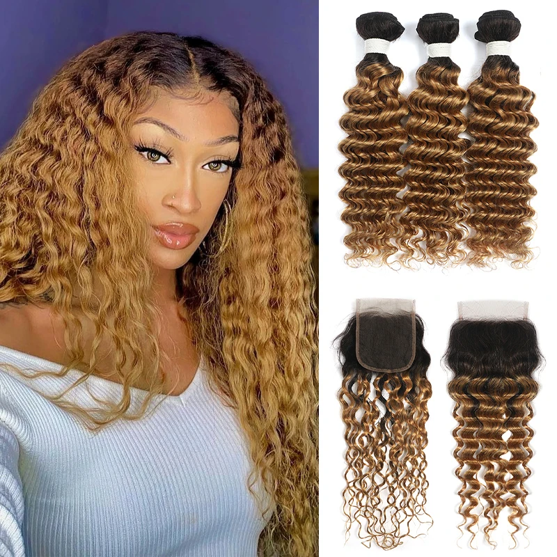 

Deep Wave Bundles With Closure Colored T1B/27 Ombre Blonde Brown Brazilian Remy Human Hair Weave Bundles With Lace Closure SOKU