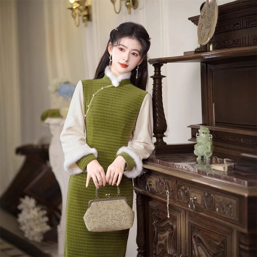 

Зимнее традиционное китайское улучшенное платье Cheongsam, женское темпераментное ретро-ципао, Vestidos, женская новогодняя праздничная одежда, подарок