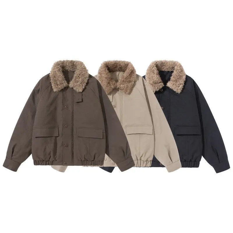 Winter Japanese Retro Workwear Short Cotton Jacket for Men and Women Loose Lambhair Collar Thick Coat