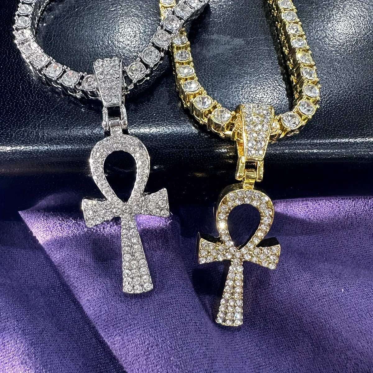 

2pc Iced Out Ankh Cross Pendant Necklace for Women - Hip Hop Gold/Silver-Plated Micro Pave Bling Pendant with Rope Chain