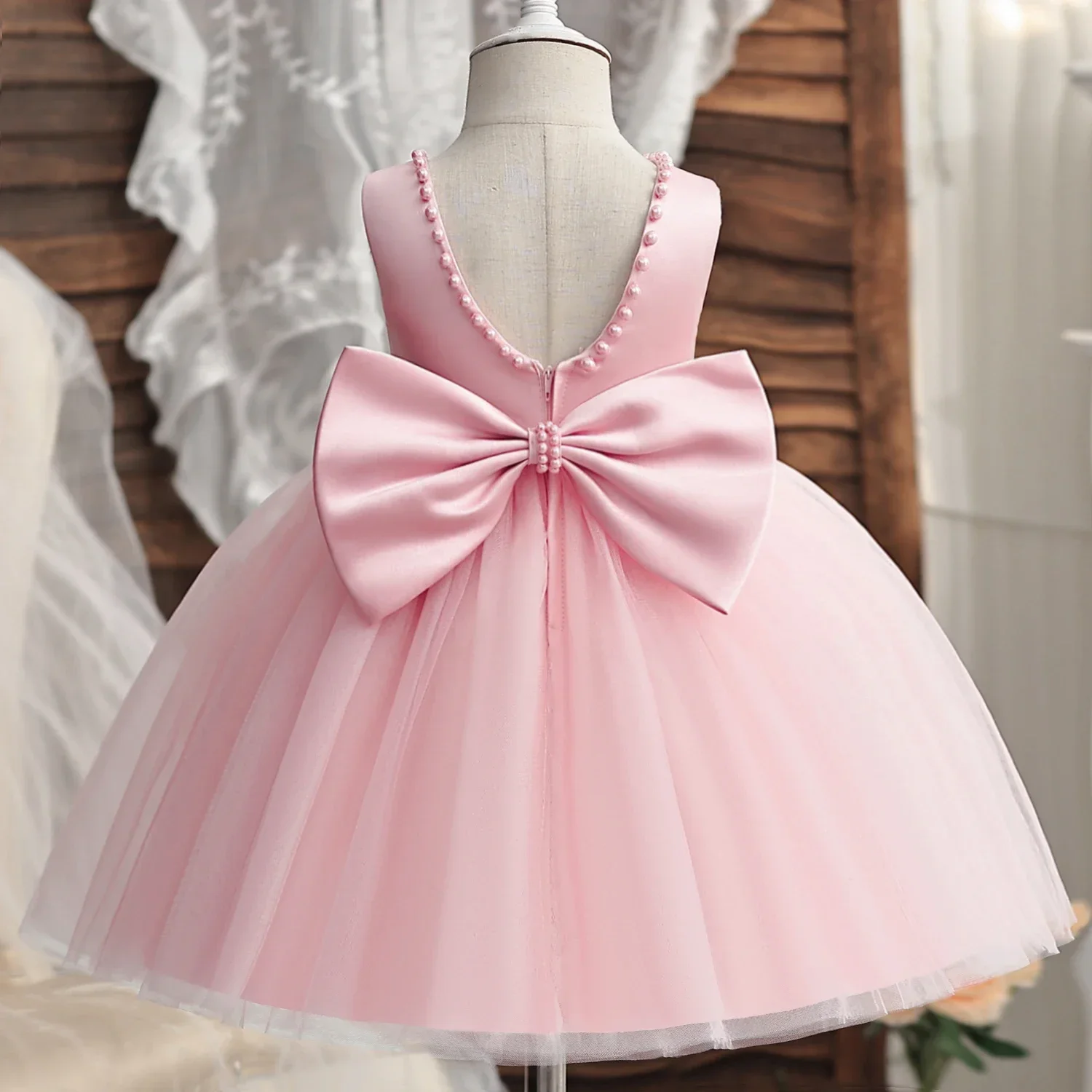 2024 Kid Pearls Elegant Princess Dress for Girls Backless Bow Baby Girl 1st Birthday Baptism Tutu Gown Wedding Party Girls Dress