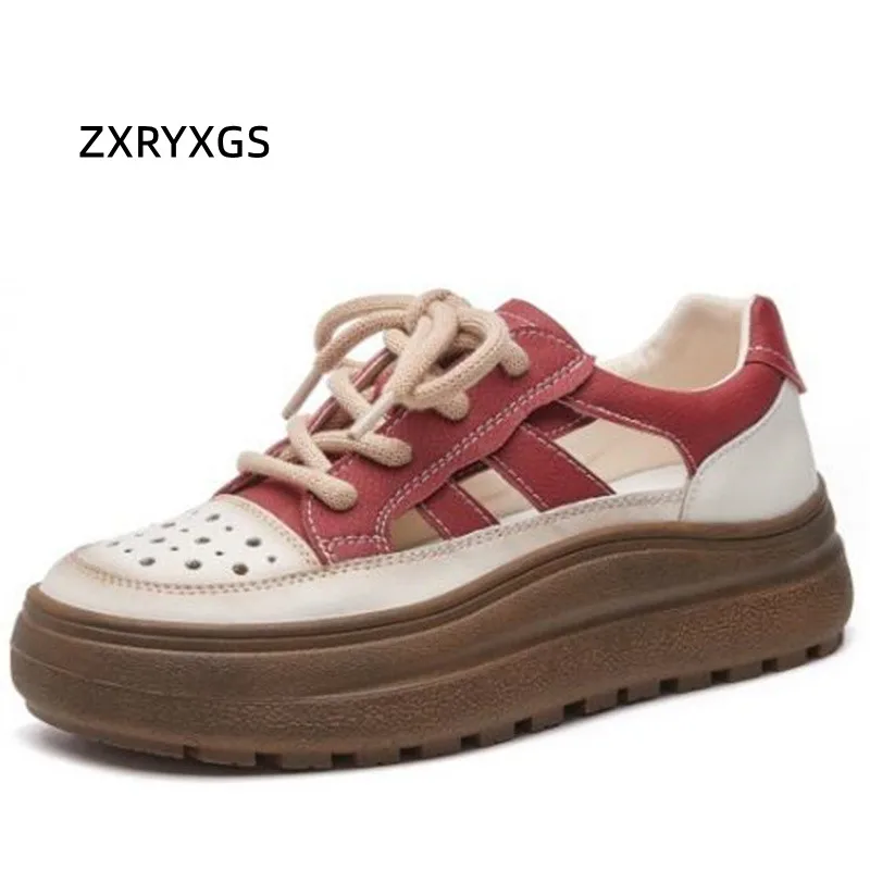 ZXRYXGS 2024 New Round Toe Lace-up Women Cowhide Sandals Hollow Spell Color Summer Sneakers Sandals Platform Elevated Sandals