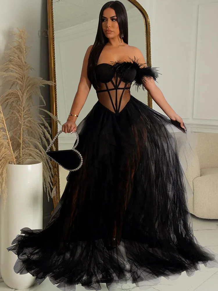 

Sexy Mesh Feather Birthday Party Sexy Prom Corset Dresses See Through Night Club Wedding Evening Gowns Women Clubwear Long Dress