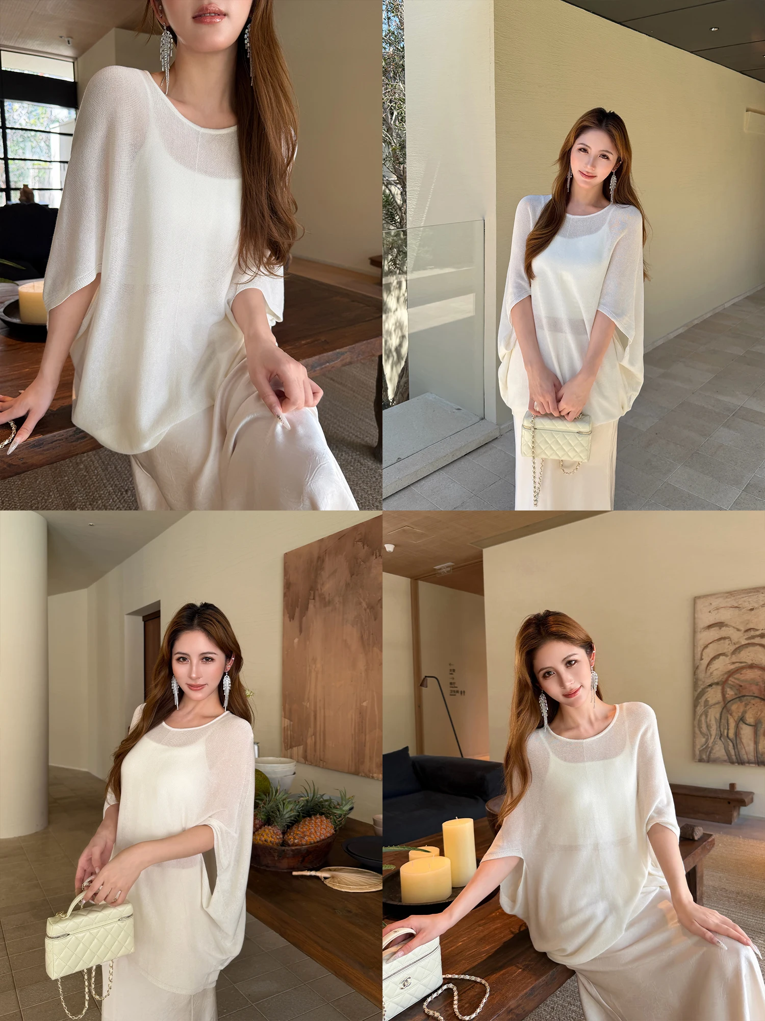 

NEVA HU Casual Loose Women's Knitted Batwing Sleeve round Neck Sun Protection Top Comfortable Lazy Style Fashionable Cover up
