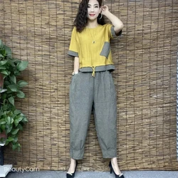 plai Summer Clothes New Plaid Cotton And Linen Short-Sleeved Suit Women's Fat MM T-Shirt And Pants Two-Piece Sets Female Fashion