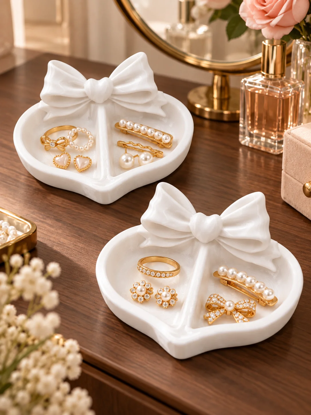 3D Printed One-Piece Heart-Shaped Jewelry Tray Set of Two Pieces, Made of White Petg Material, Waterproof, Drop-Resistant, Easy to Clean, with a Three-Dimensional Bow Design and Exquisite Details. Pearl White Silky Texture, High-End Feel. Dual Compartments for Organizing Rings, Earrings, and Jewelry. Can Also Be Used to Store Small Office Supplies. Clear Compartmentalization for Easy Access. Combines Both Decorative and Practical Functions. Suitable for Multiple Settings Such as Dressing Table, Study Room, Bathroom. Lightweight, Compact, and Does Not Take up Space