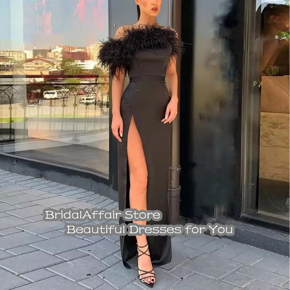 Bridalafance-Vestidos de Fiesta formales de satén, vestido de fiesta de noche negro con abertura lateral Sexy, plumas, cuello de barco, hombros descubiertos, 2022