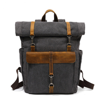 Retro Rolltop Rucksack Canvas Leather 16 Inch Laptop Backpack Travel Daypack Student Computer Rucksack Durable School Bag