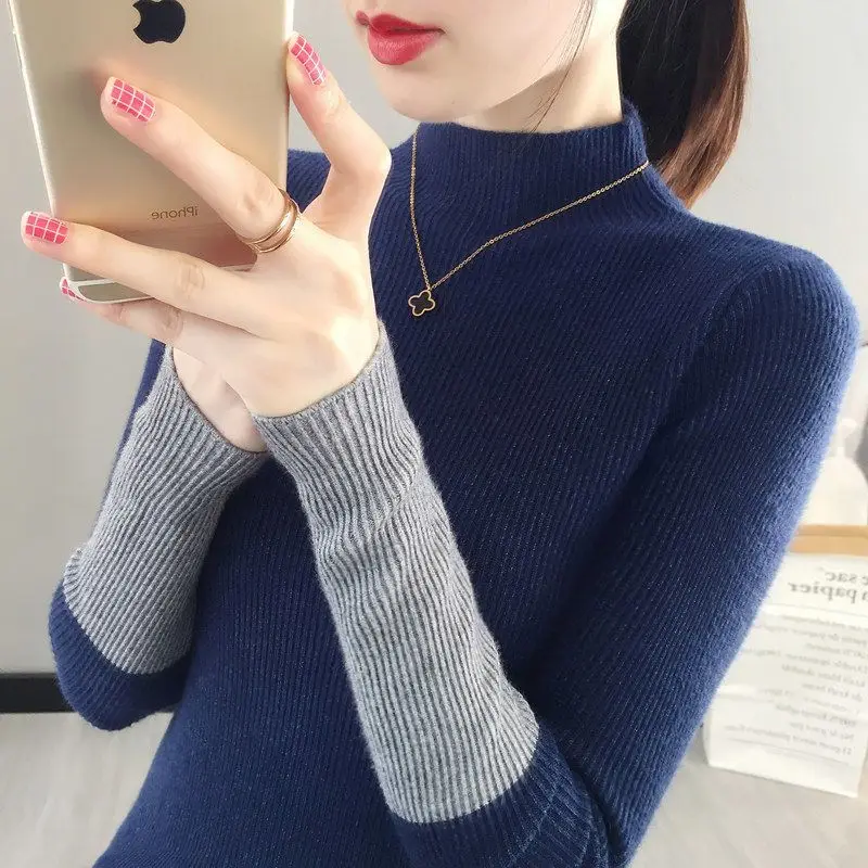 Fashion Stand Collar Spliced Korean T-Shirt Women's Clothing 2024 autumn winter Casual Pullovers Long Sleeve All-match Tee Shirt