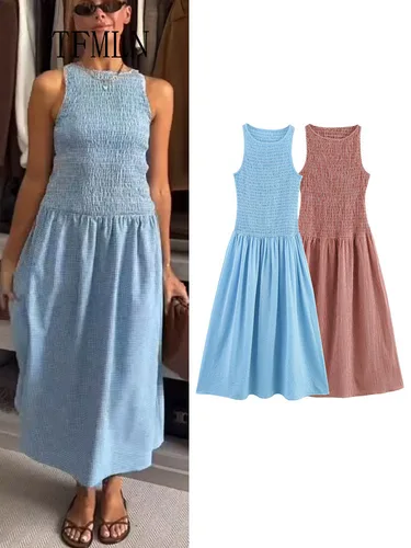 TFMLN elegante Casual a cuadros vestidos de mujer elegante cuello redondo plisado sin mangas Vestido largo tipo Jersey 2025 moda verano Mujer Vestido