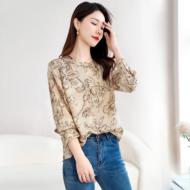 

Ink Beauty Lady Women's Floral Loose-Fit Crepe de Chine Top – Summer Long Sleeve Cropped Shirt in Luxury Silk