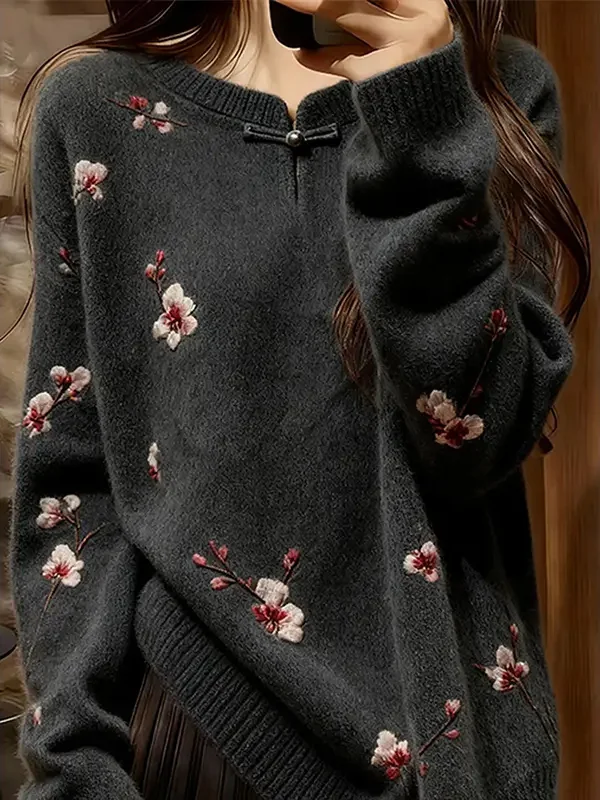 

Unique Chinese Sle Women's Knitted Sweater Winter New Arrival Loose Fit Trendy Long Sve round Ne Warm Plant Floral Print