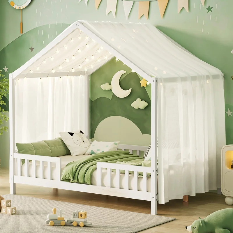 

White Wooden House-Shaped Kids Full Bed with Canopy and High Rails