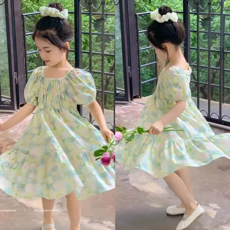 

Girls' Dress Summer New Pastoral Floral Bubble Sleeve Princess Dress Children One Piece Dropshipping