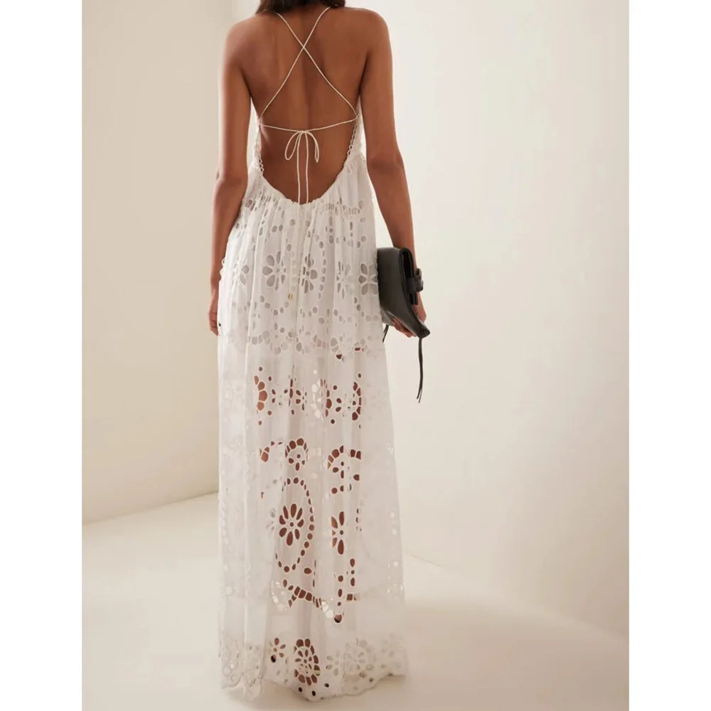 ผู้หญิงเซ็กซี่วันหยุด Boho Hollow out ดอกไม้ทํางานหนัก V คอ Backless Halter ชุดฤดูร้อนชุดเดรสแขนกุด Vestidos