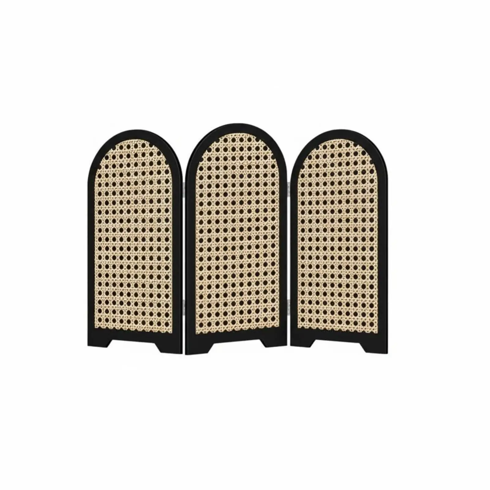 Wooden Folding Screen Divider Arched Rattan Weave Tabletop Partition for Chinese Japanese Oriental Room Decor