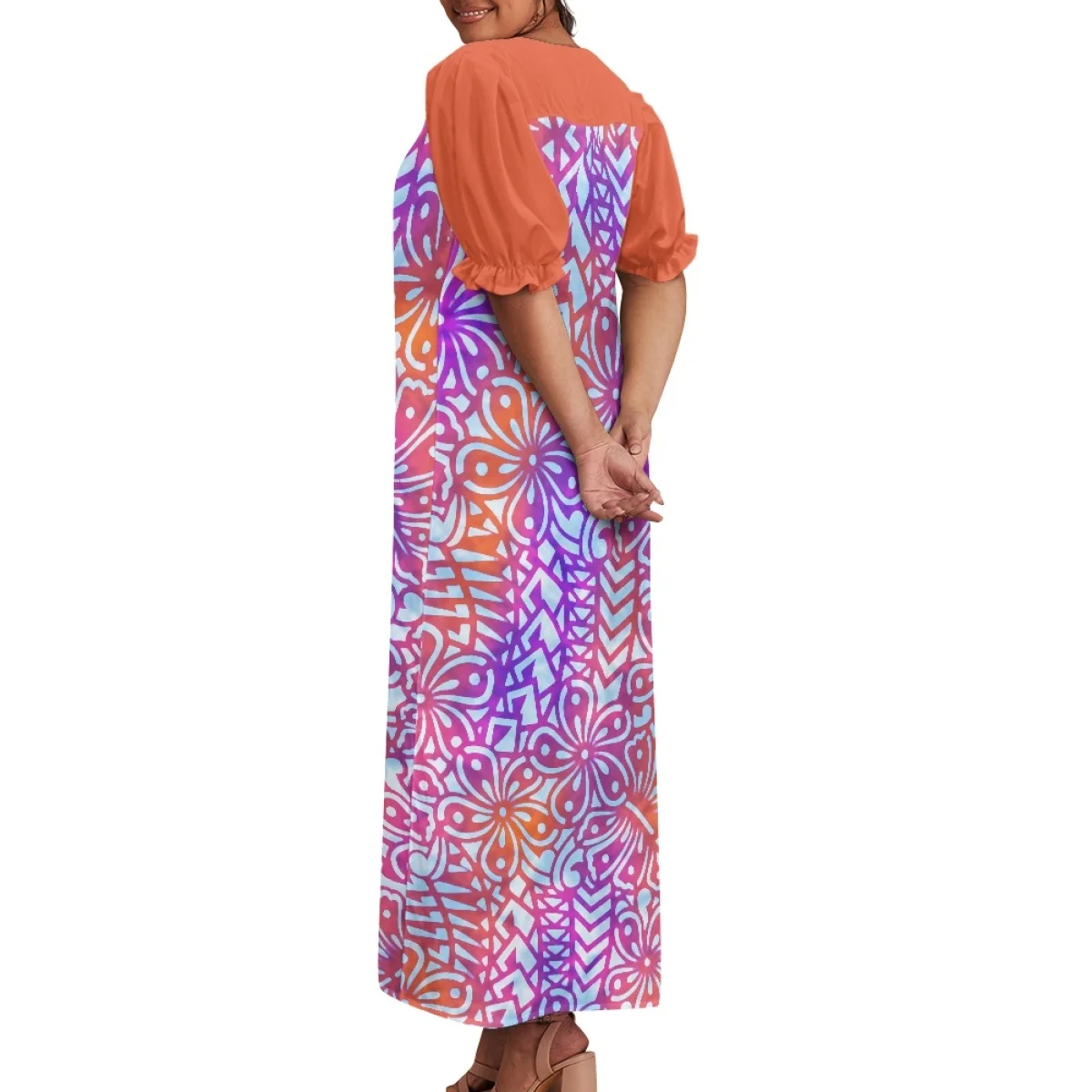 Puff Sleeve Loose Maxi Dress For Women Polynesian Tribal Clothing Square Neck Custom Casual Light Chiffon Dresses Summer