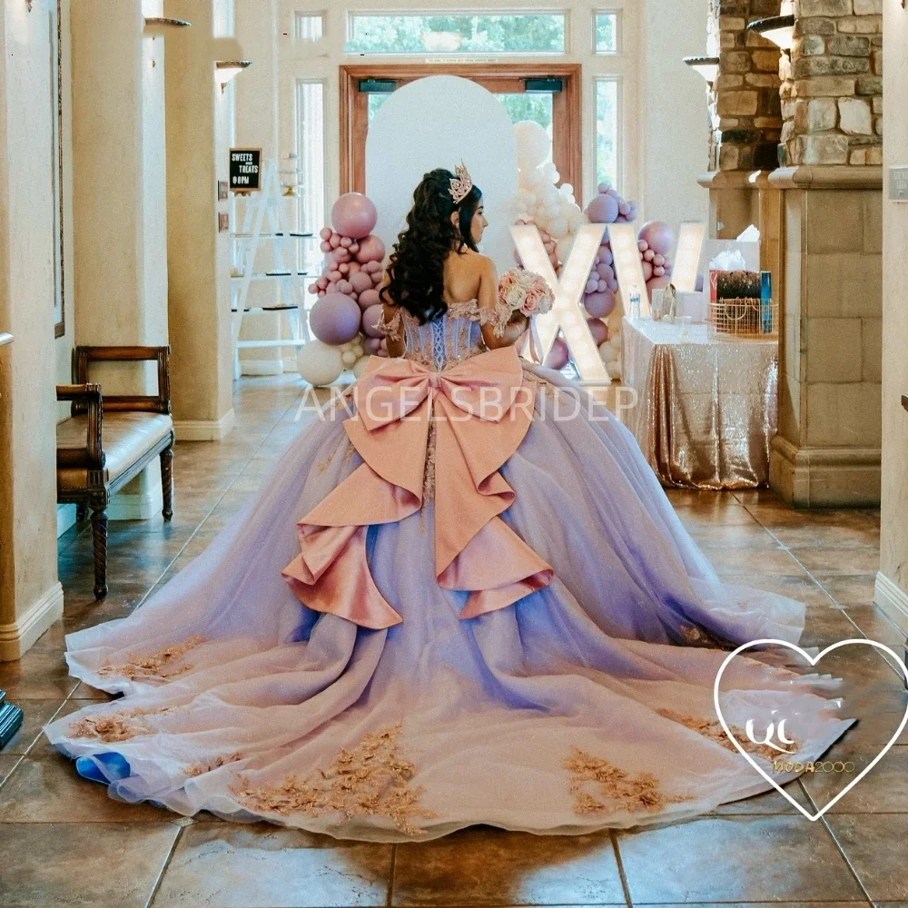 Angelsbridep gaun ungu mewah dengan applique pita gaun bola 15 tahun gaun Quinceanera 2025 gaun renda