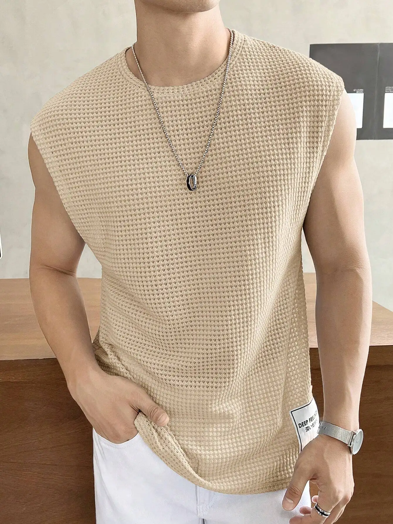 

Men's Beige Waffle Knit Sleeveless Tank Top for Summer Casual Wear