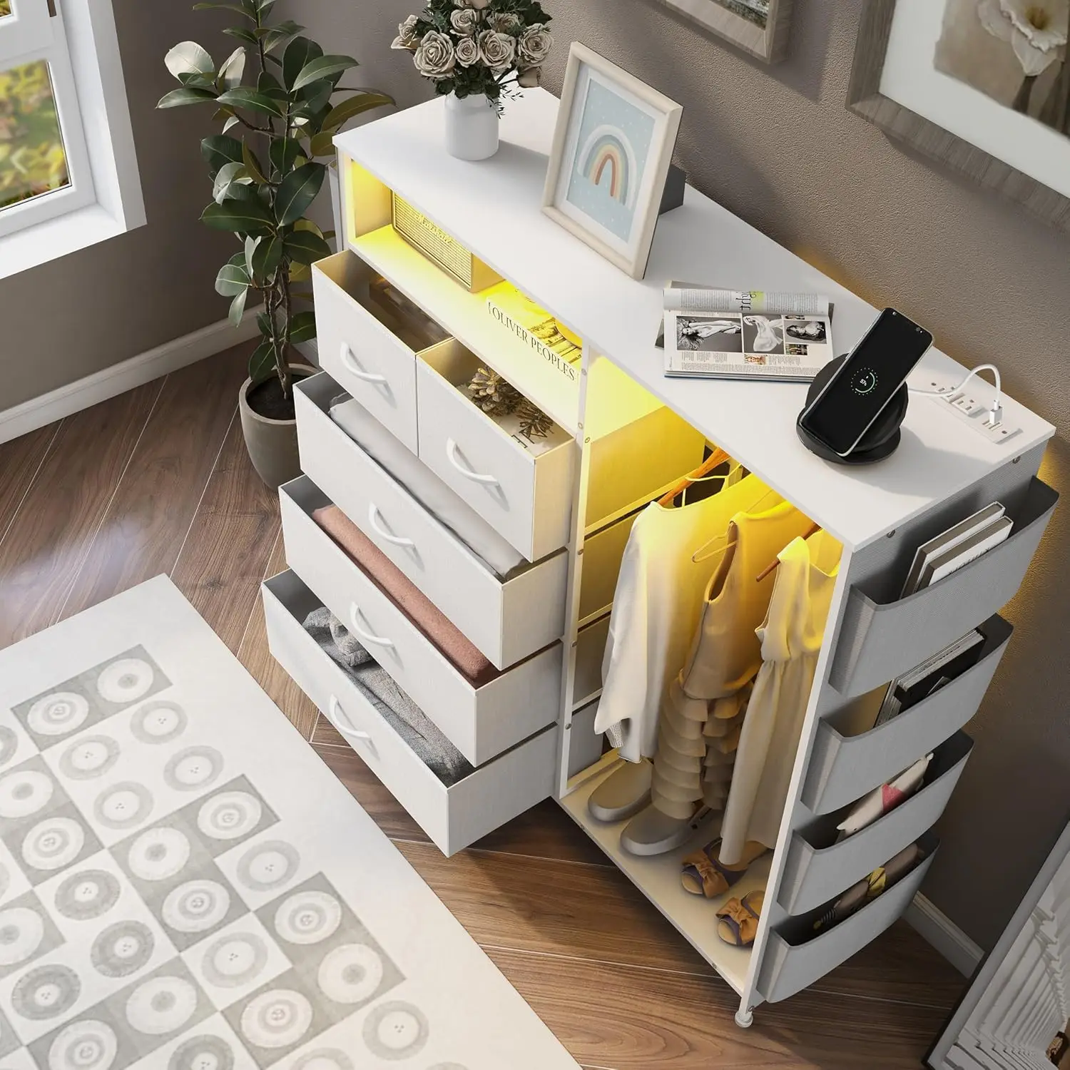 Fabric Dresser with Hanging Rack for Bedroom, Closet with LED Lights & Charging Station and Open Shelves