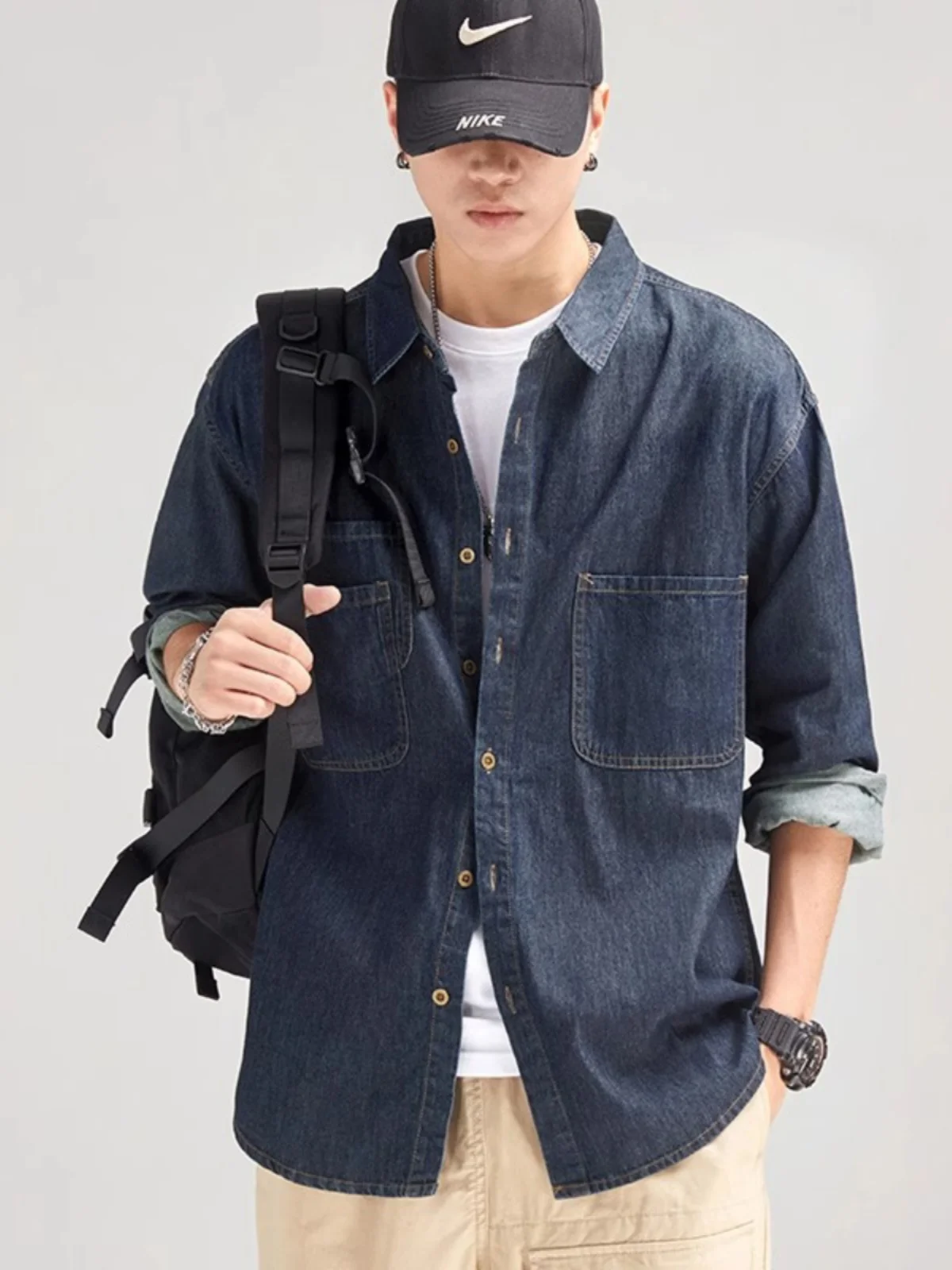 Americano clássico azul escuro bonito macio denim camisa casual masculina outono ligeiramente solto ferramentas camisa de manga comprida jaqueta masculina