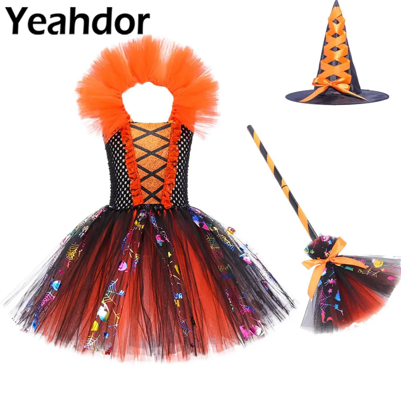 Halloween Witch Cosplay Costume Girls Vampire Princess Dress Carnival Party Dress Up with Pointed Hat and Broom for Performance