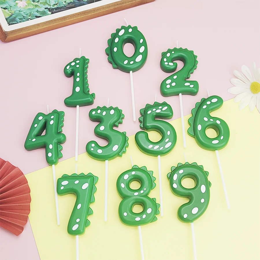 Grüne Dinosaurier-Zahlen 0–9 + 8 Stück grüne Kerzen „Happy Birthday“-Kuchenkerze für Kinder, Prinz, Party, Cartoon-Dinosaurier-Dekoration – Detail 11