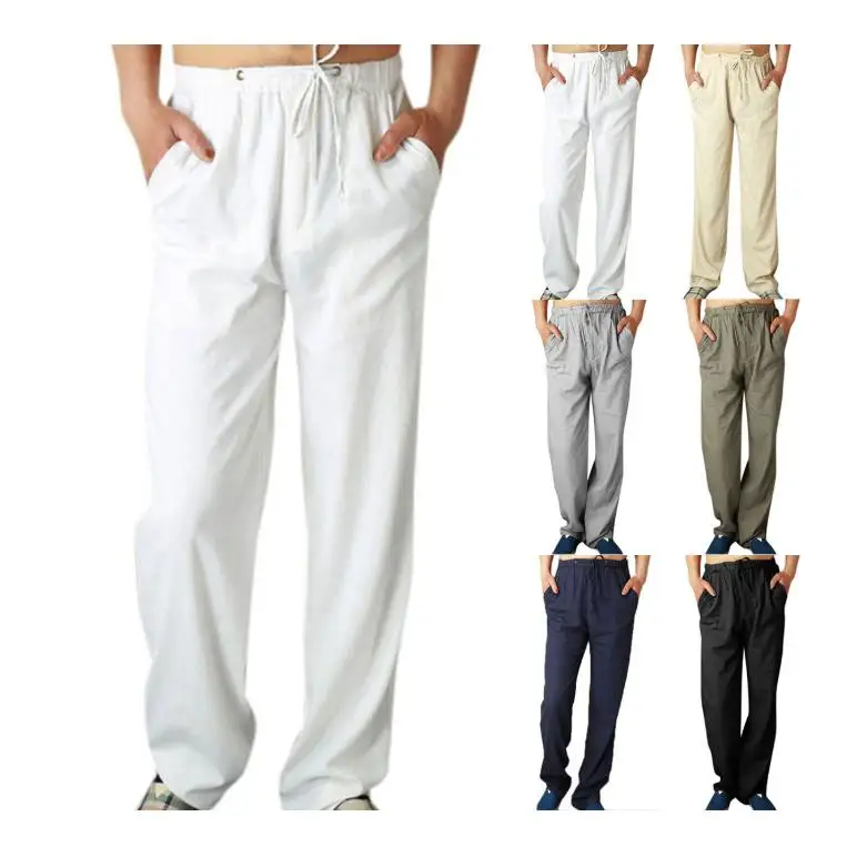 

Мужские легкие брюки из льна и хлопка, прямой крой, свободные повседневные брюки со шнурком на талии, средняя посадка, европейский стиль