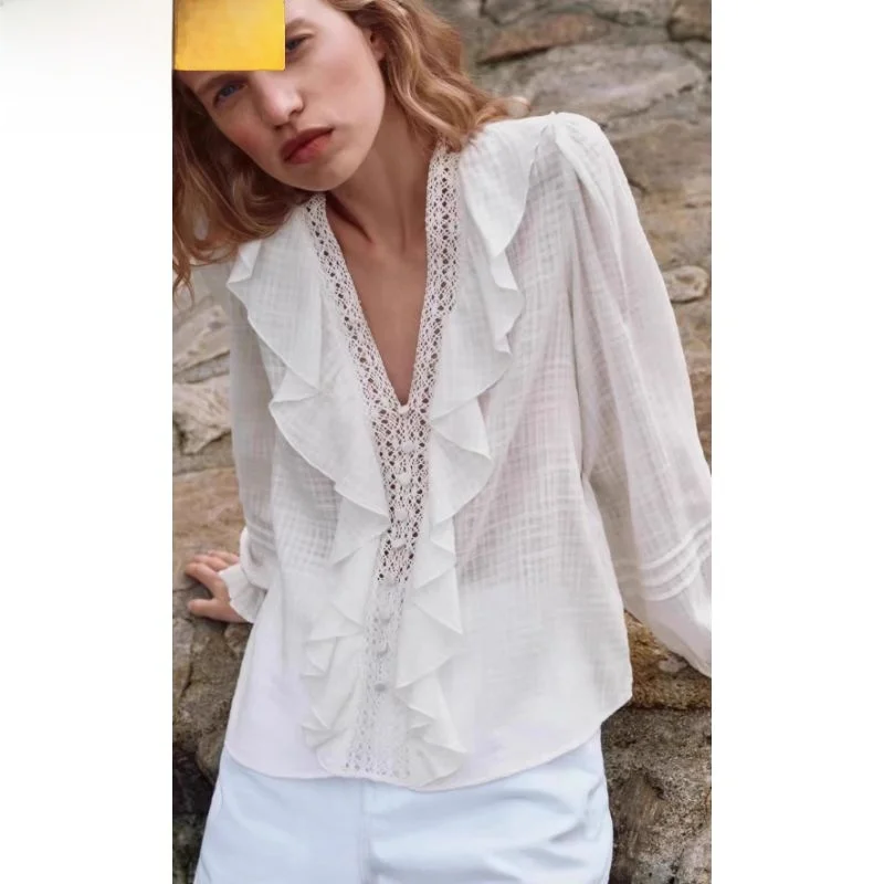 

Spring Summer 2024 Women's Faionable Oversized Layered Decorative Vaion Sle irt Versatile Long Sve Square Collar