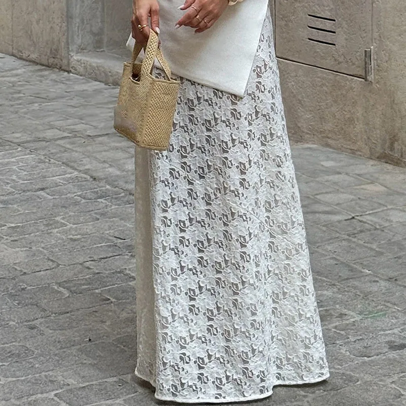 Summer Sexy High Waist Solid Long Skirts Elegant Ladies Commuting A-line Skirts Temperament Jacquard Lace Hollow Out Half Skirts
