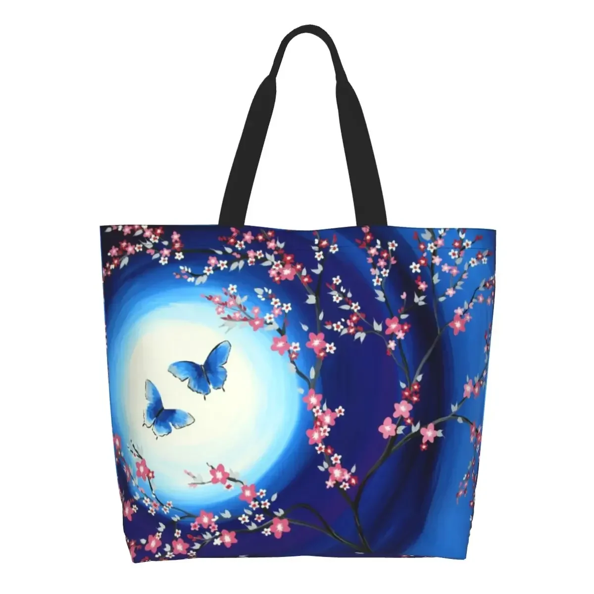 Cherry Blossoms Butterflies Groceries Tote Shopping Bags Flower Floral Canvas Shopper Shoulder Bag Big Capacity Handbags