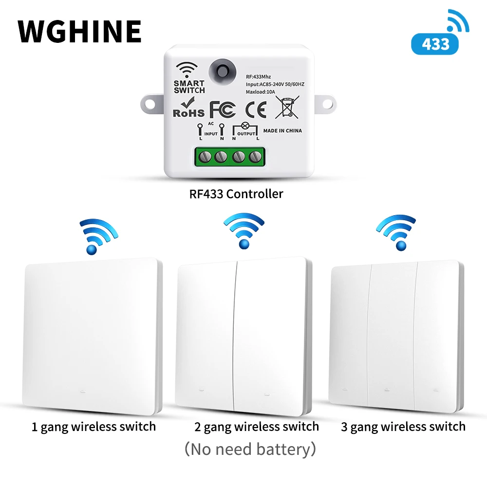 

WGHINE Rebound Wireless Self-powered Switch RF 433Mhz Remote Control Wall Push Button Switch 220V 1/2/3 Gang Light Switch