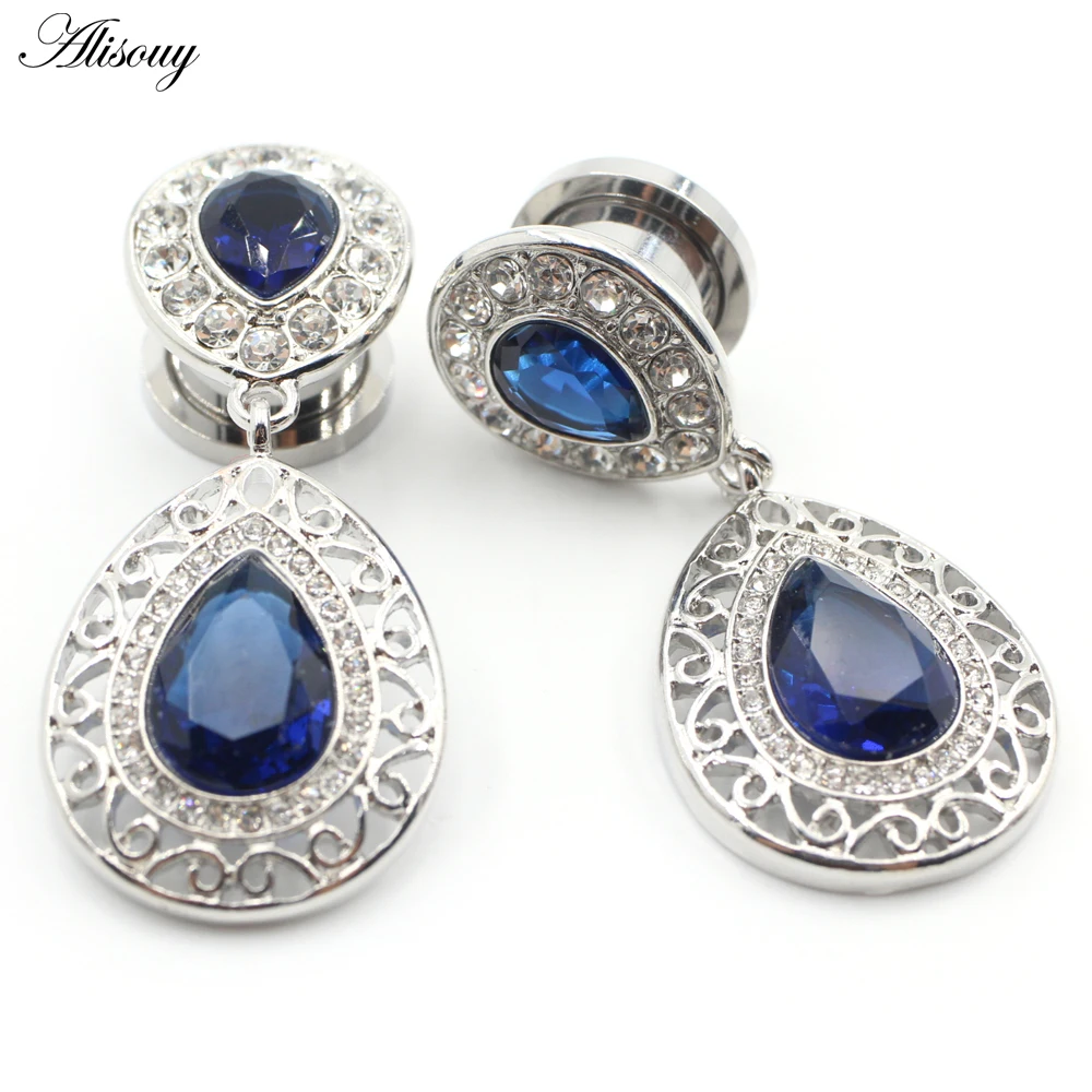 Alisouy 2PCS Stainless Steel Blue Water Drop Cubic Zircon Ear Tunnel Plug Expander Stretcher Gauge Earring Piercing Body Jewelry