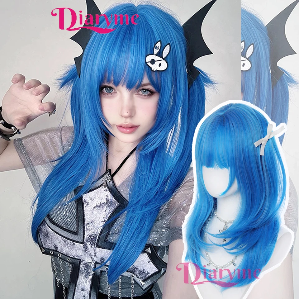 

Парик для косплея с челкой, синтетические прямые синие волосы, 24-дюймовый длинный термостойкий синий парик для женщин, Хэллоуин, Рождество, Новый год