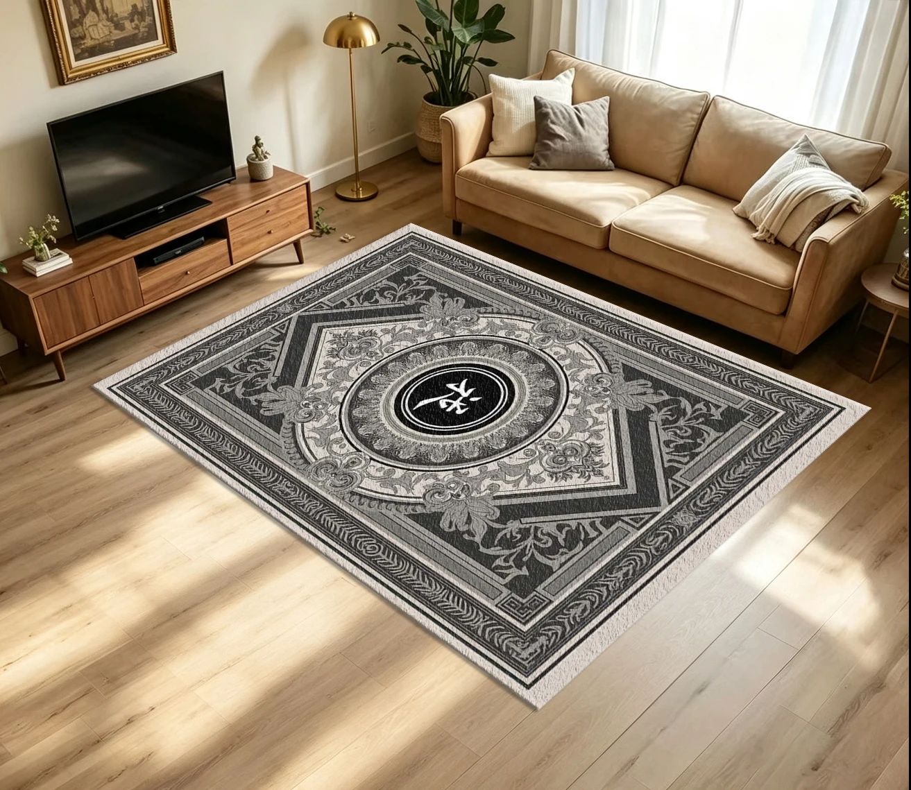 Monochrome European Ornate Medallion Carpet Flooring Retro Baroque Scroll Frame Chinese Character Center Art Pattern Printed Floor Rug for Household Indoor Luxury Home Room Decor