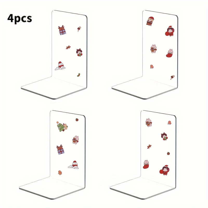 4Pcs Clear Acrylic Bookends, L-shaped Book Supports, Non-Slip Book Holder, Free Christmas Stickers, Stopper for Desk, School