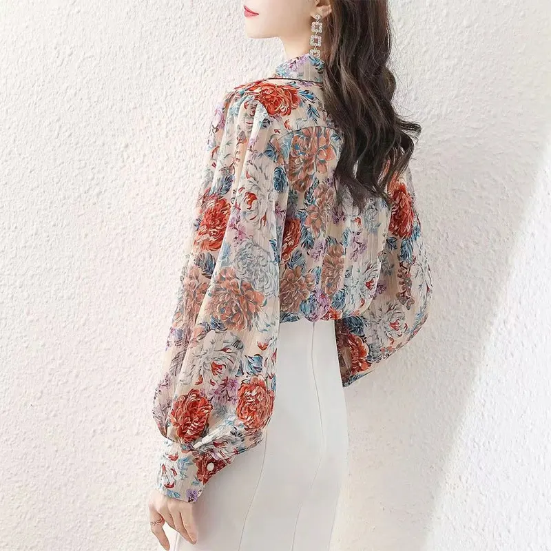 Office Lady Vintage Elegant Floral Printed Blouse Spring Autumn Single-breasted Women\'s Clothing Lapel Loose Long Sleeve Shirt