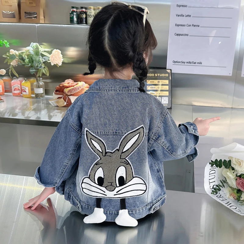 3 4 5 6 8 10 12 Years Girls Denim Jacket Cartoon Rabbit Pattern Lapel  Fashion Coats For Teen-agers Girls Outdoor Windbreaker